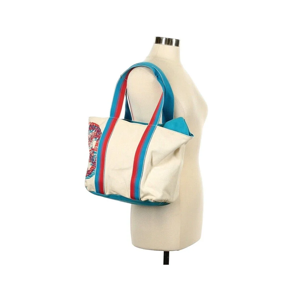 TORY BURCH Ivory Blue Red Color Block Canvas Tote Bag